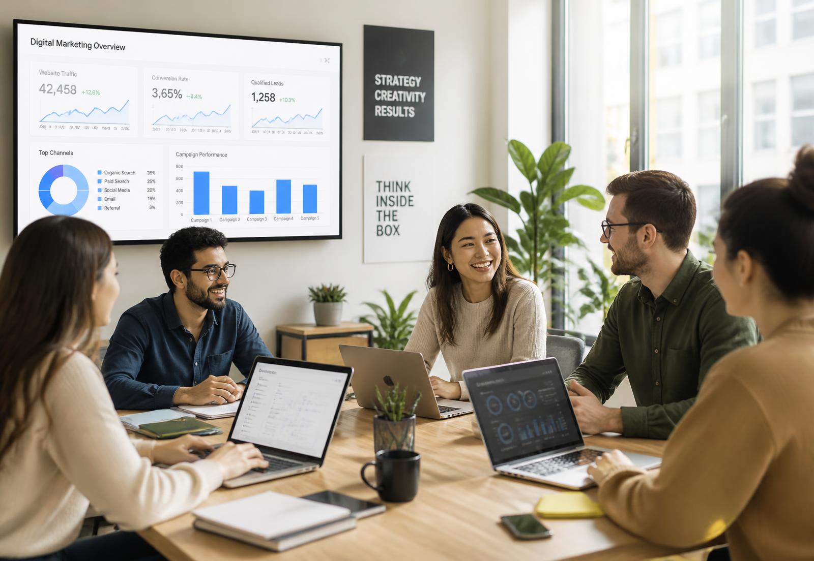 Digital marketing team reviewing campaign performance together